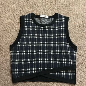 ALC crop plaid schoolgirl top stretch black white XS